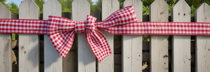 Fototapeta premium Red and white gingham bow tied around a wooden fence post, landscape, white, outdoor