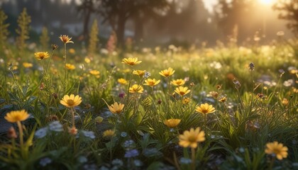 Obraz premium Soft golden light illuminates the wildflowers as morning dew evaporates, nature scene, blooming flowers, dew droplets