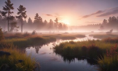 Obraz premium Softly glowing mist descends upon a serene marshland, nature, reeds