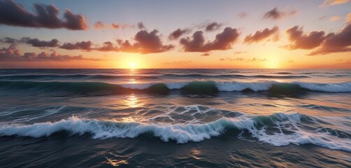 Fototapeta premium A dramatic ocean sunset with a blue sea and small white waves gently lapping at its shore, calm, small waves