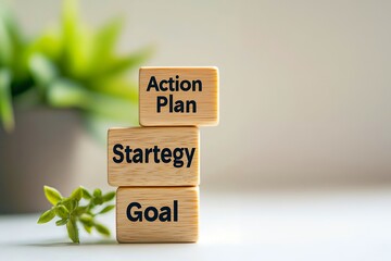 Wooden blocks labeled action plan, strategy, goal