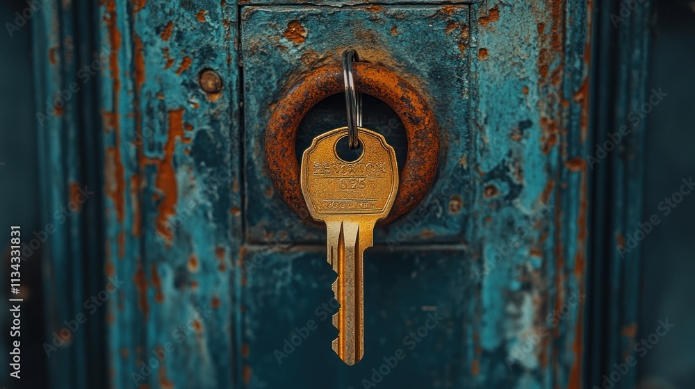 Poster a close-up of a rusty door with a key inserted in the lock.