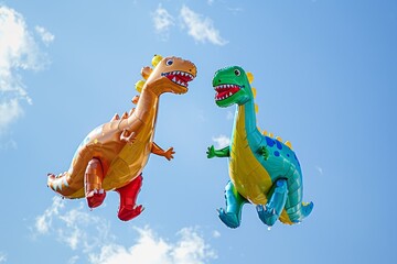 Two vibrant inflatable dinosaur balloons are seen soaring in the clear blue sky, creating a joyful atmosphere during a lively outdoor celebration.