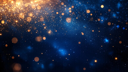 A dreamy cosmic bokeh background featuring shimmering gold and blue particles, perfect for Diwali celebration designs, invitations, or event promotions.