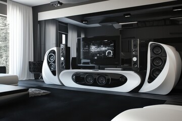 Modern living room featuring sleek black and white entertainment system with large speakers and a flat-screen TV.