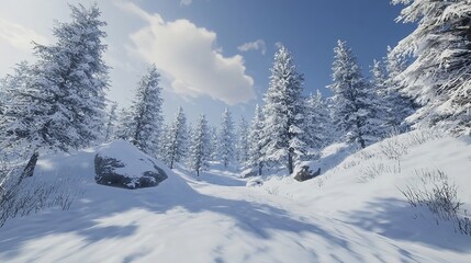 Obraz premium Winter landscape with a winter forest and trees covered in snow