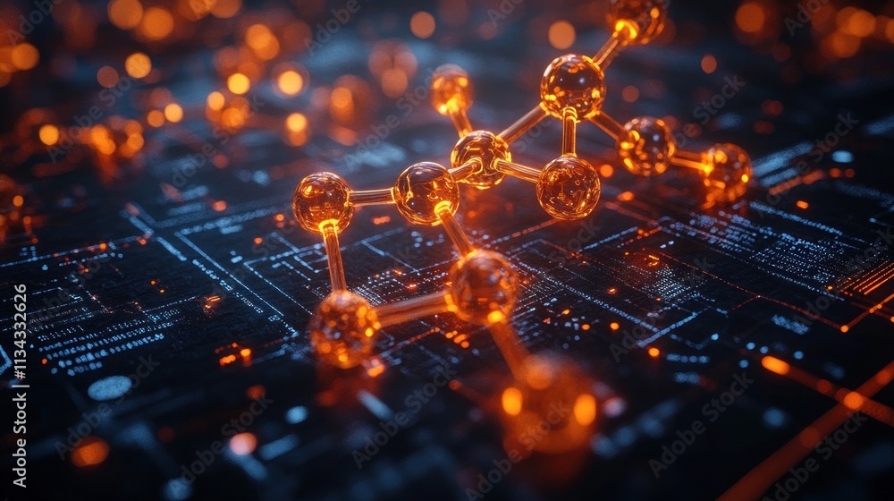 Poster a digital representation of molecular structures on a circuit board background.