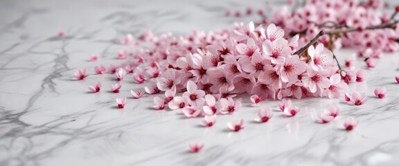 Obraz premium Soft pink cherry blossom petals scattered on a white marble background, soft focus, pastel colors