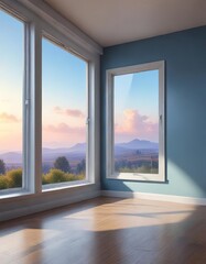 Sunlit room with a closed window and a view of the blue sky outside , scenery, sky, ambiance