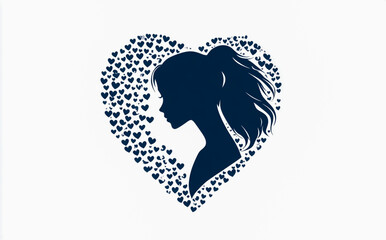 : Heart Silhouette Filled with Tiny Hearts and Woman's Profile, Vector Graphic Logo Design
