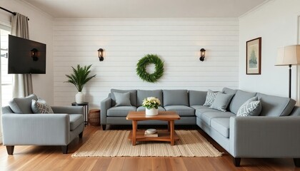 A modern living room with a large gray sectional sofa, two matching armchairs, a wooden coffee table, and a wreath on the wall. The room features white walls, a large window, and a flat-screen TV