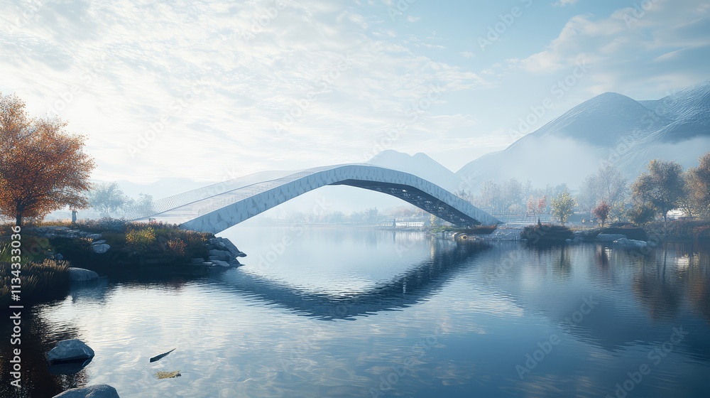 Poster a modular bridge structure with repeating, geometric units, spanning over a calm river with a sleek,