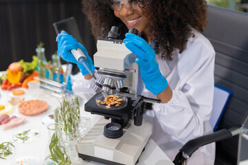 Microbiologist Working on Molecule Samples in Modern Food Science Laboratory, concentration of chemical residues. hazards, standard, find prohibited substances, contaminate.