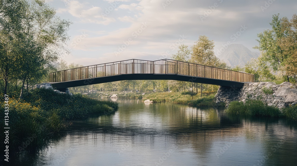 Poster a modular bridge structure with repeating, geometric units, spanning over a calm river with a sleek,