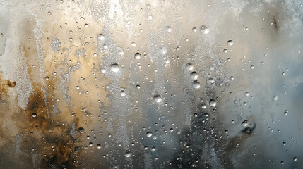 Misty Window, Golden Hour: Abstract texture of water droplets on a glass surface, illuminated by warm, golden light, creating a dreamy, atmospheric effect.   - Powered by Adobe