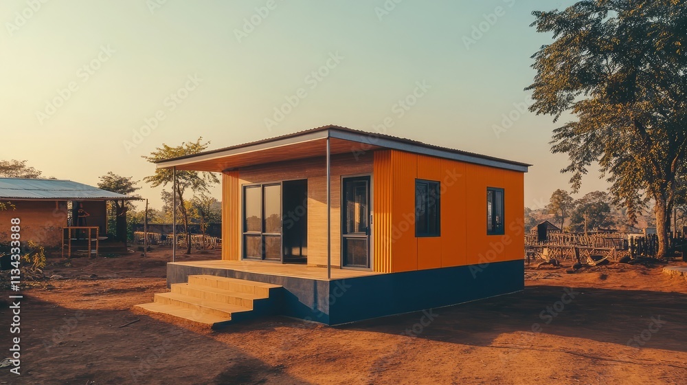 Poster a modular classroom constructed from prefabricated units, showcasing functionality and innovation in