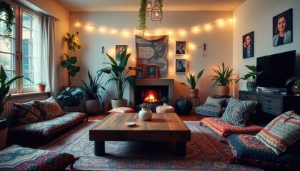 A cozy living room with a fireplace, string lights, and various decorative elements, including potted plants and artwork, creating a warm and inviting atmosphere	
