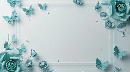 empty rectangular frame with teal-colored roses and butterflies on the left side, against a white background