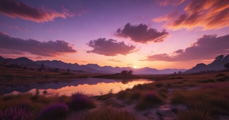 Obraz premium Purple and orange tones in the sky during an evening landscape shot, landscape, color palette, purple