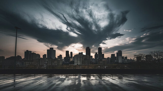 A moody cityscape with a dark stormy sky and swirling clouds looming above, symbolizing the ominous impact of an economic crisis, uncertainty, or challenging times ahead. 