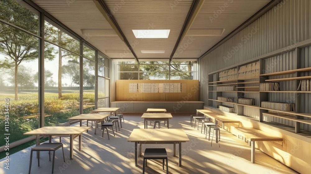 Poster a modular classroom constructed from prefabricated units, showcasing functionality and innovation in