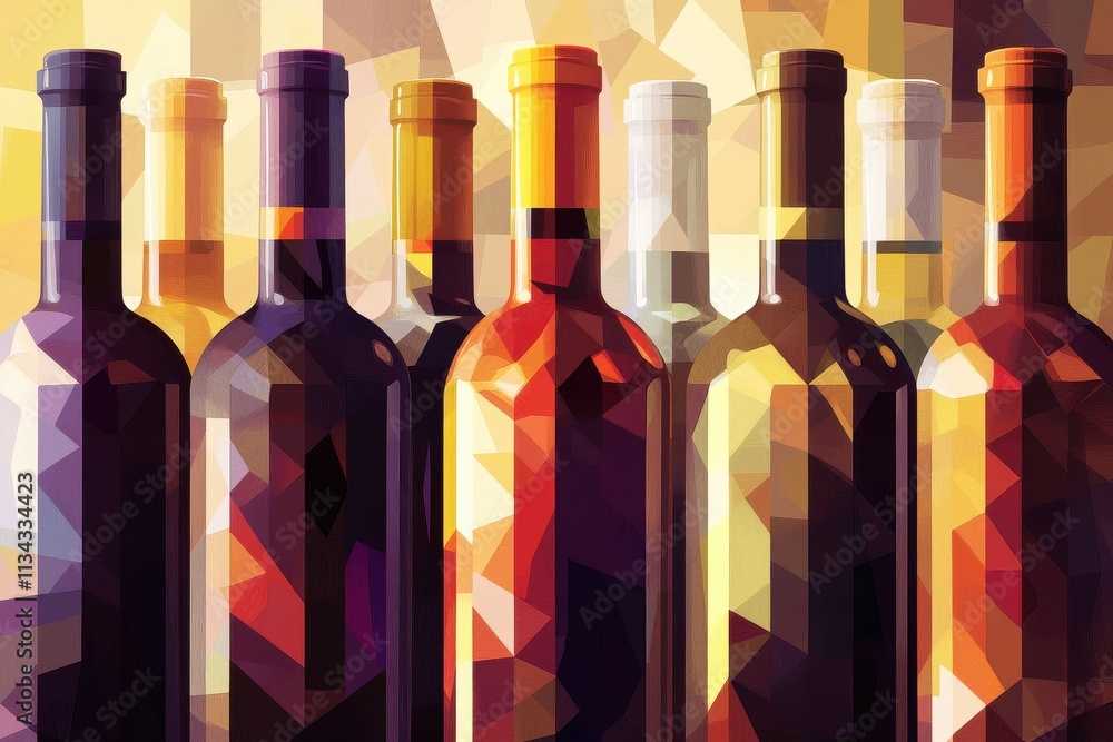 Poster colorful geometric pattern of wine bottles in various shades and textures, creating an abstract, vib