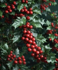 Obraz premium Red holly berries in clusters against a dark green leafy background, seasonal decoration, dark green leaves