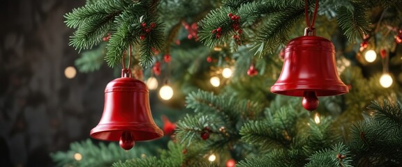 Red bell hanging from Christmas tree branches , tree, festive, holiday