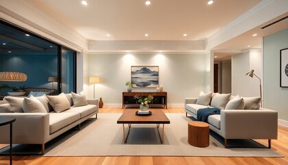 a modern living room with a large window, two white sofas, a wooden coffee table, and a painting on the wall	