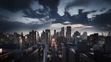 Obraz premium A moody cityscape with a dark stormy sky and swirling clouds looming above, symbolizing the ominous impact of an economic crisis, uncertainty, or challenging times ahead. 