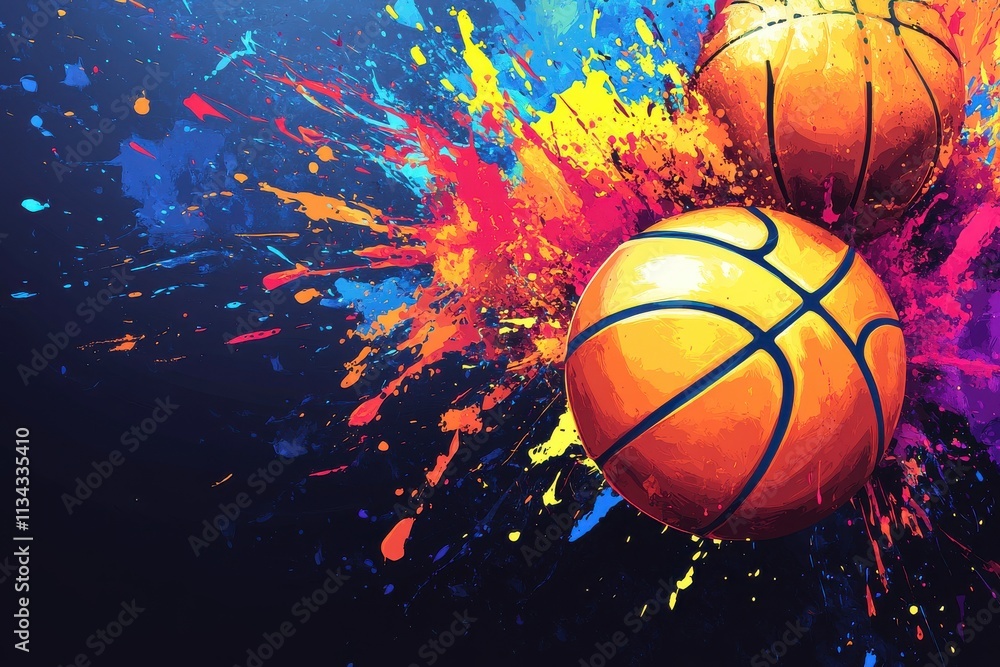 Poster vibrant orange basketballs bursting through a colorful splash, creating an energetic and dynamic vis