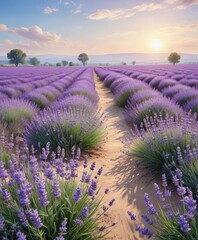 Obraz premium Watercolor painting of a field of lavender flowers against a pale blue sky , blue skies, lavender fields