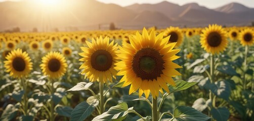 Fototapeta premium Beautiful sunflower blooms in the field with warm sunlight , flower, landscape, blooming
