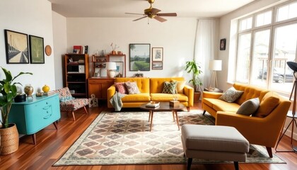 a bright and airy living room with a mix of modern and vintage furniture, including a yellow sofa, a blue armoire, and a patterned area rug. The room is adorned with various decorative elements
