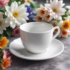 A Single White Teacup with Saucer on Floral Background, colorful, white teacup