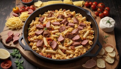 Fototapeta premium A hearty mix of pasta and cooked meat in a large skillet , meal, utensils