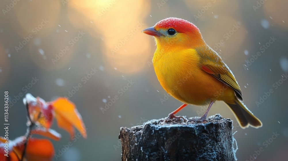 Poster a vibrant yellow bird with a red head perched on a snowy log, surrounded by soft bokeh.