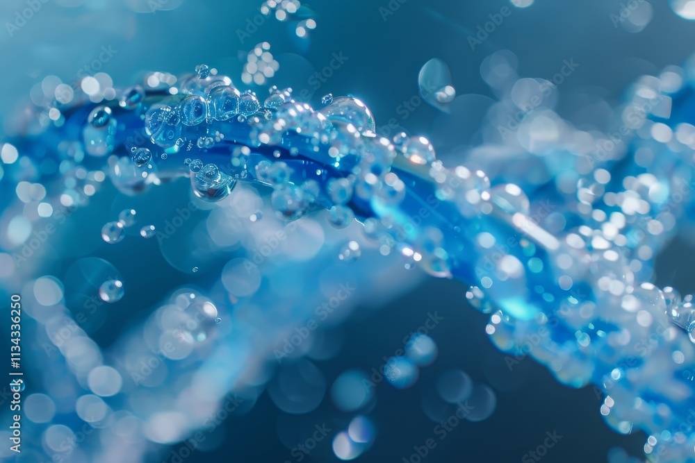 Poster droplets and bubbles burst and collide in a vibrant blue space, creating a mesmerizing display of mo