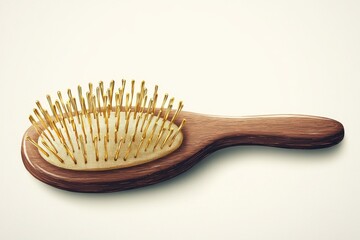 A close-up of a wooden hairbrush with golden bristles, showcasing its elegant design and smooth texture.