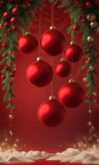 Fototapeta premium Red velvet background with hanging Christmas ornaments, joyful ambiance , festive decor