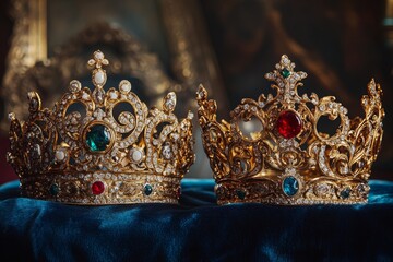 A king and queen golden crown with gemstone.