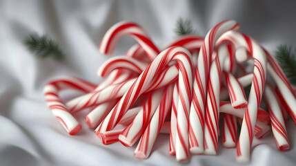 Fototapeta premium Festive red and white candy canes in a pile, evoking the spirit of Christmas and sweet holiday treats. Ideal for seasonal celebrations and decorations.