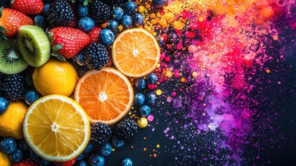 Vibrant Juicy Fruits with Colorful Splash Explosion