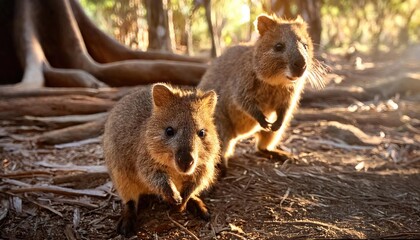 Two quokkas in their natural habitat surrounded by warm light and a forest backdrop.