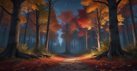 Fototapeta premium A stunning forest at dusk, with a starry night sky above, featuring towering trees and a carpet of colorful leaves underfoot, rural scene, stars