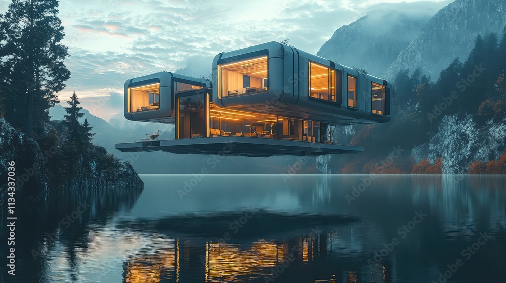 Poster a modular floating office building, featuring a flexible layout and sustainable design elements, flo