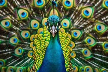 Fototapeta premium This captivating peacock showcases its colorful feathers, intricately patterned with blue, green, and gold, in a lush setting under bright sunlight.