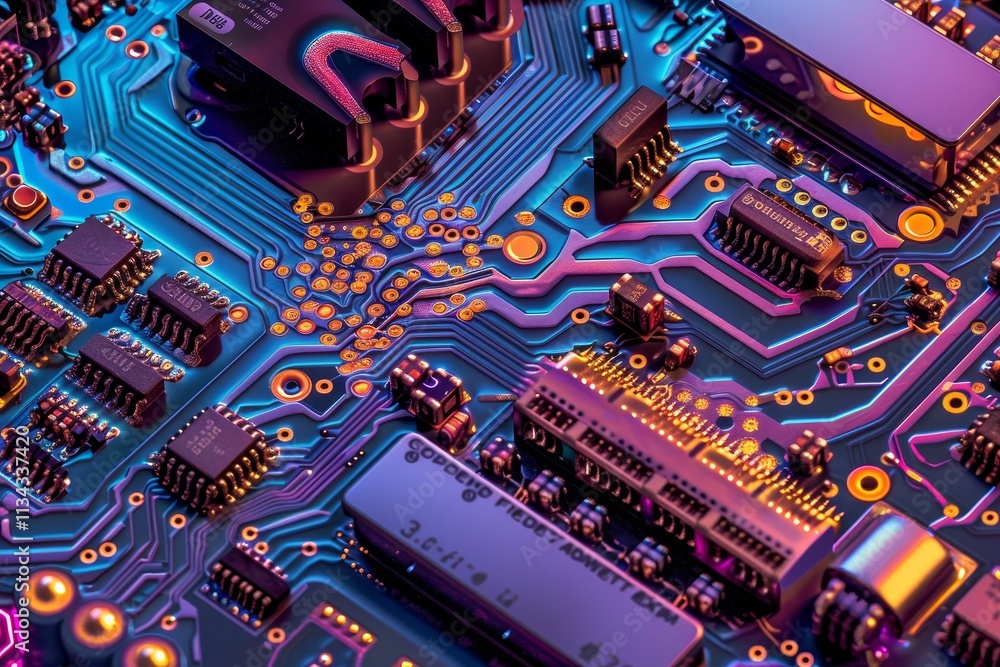 Poster a close-up view of a circuit board features intricate wiring and various electronic components, illu
