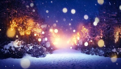 Naklejka premium Illumination and Snow: Blurred Background of Holiday Lights