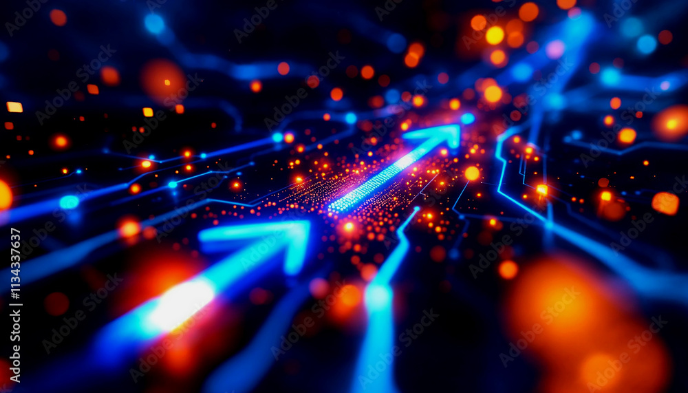 Poster in a digital world, futuristic blue arrows pointing forward with luminous particles represent advanc